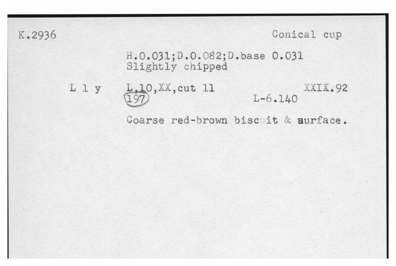 Index card with typed and handwritten information, sometimes including a sketch, of pottery from an excavation.
