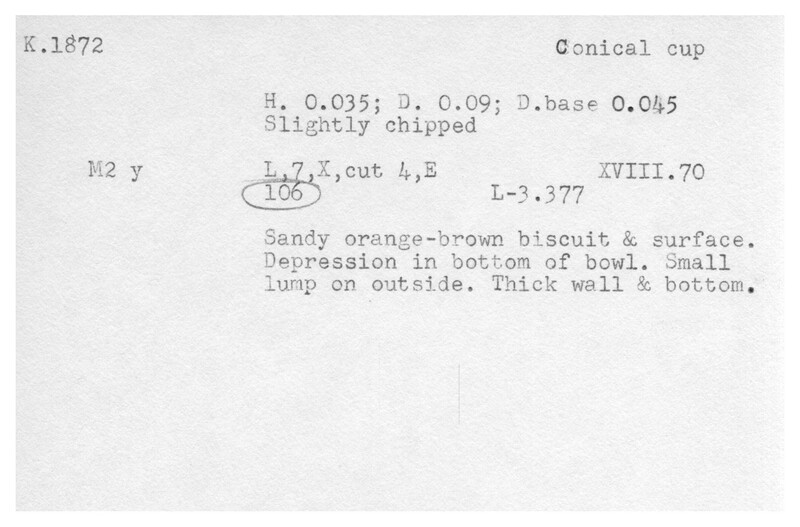 Index card with typed and handwritten information, sometimes including a sketch, of pottery from an excavation.