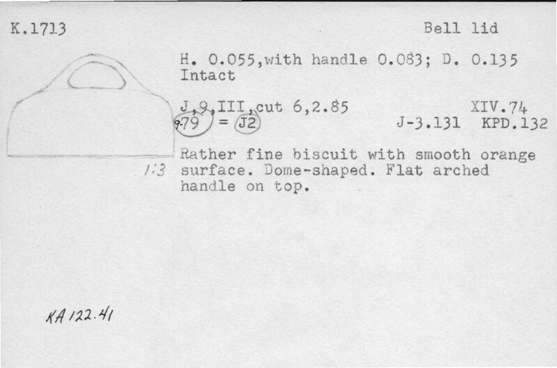 Index card with typed and handwritten information, sometimes including a sketch, of pottery from an excavation.