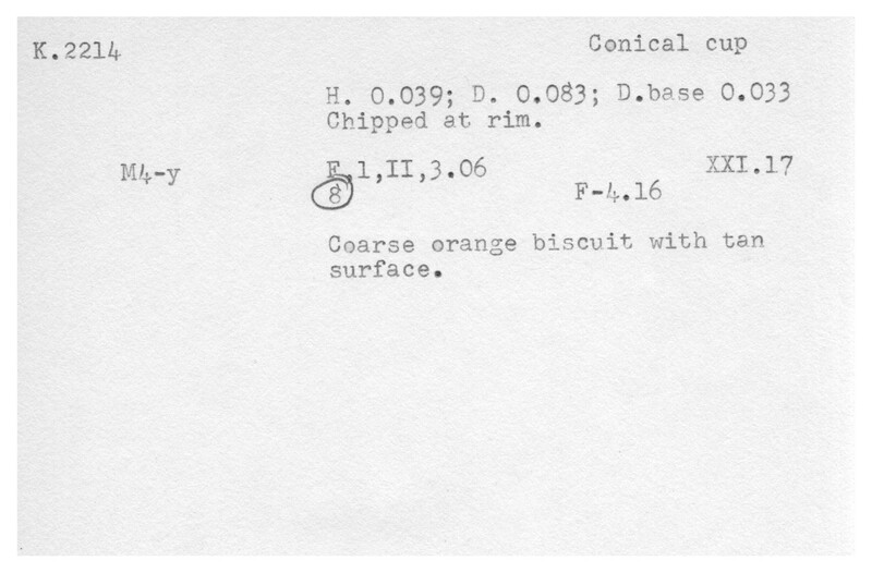 Index card with typed and handwritten information, sometimes including a sketch, of pottery from an excavation.