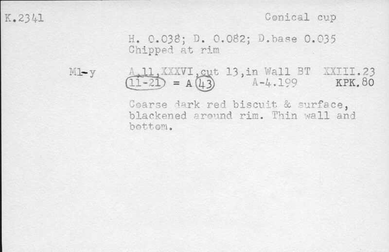 Index card with typed and handwritten information, sometimes including a sketch, of pottery from an excavation.