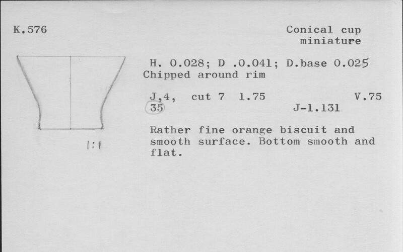 Index card with typed and handwritten information, sometimes including a sketch, of pottery from an excavation.