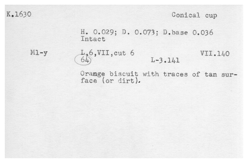 Index card with typed and handwritten information, sometimes including a sketch, of pottery from an excavation.