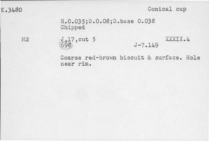 Index card with typed and handwritten information, sometimes including a sketch, of pottery from an excavation.