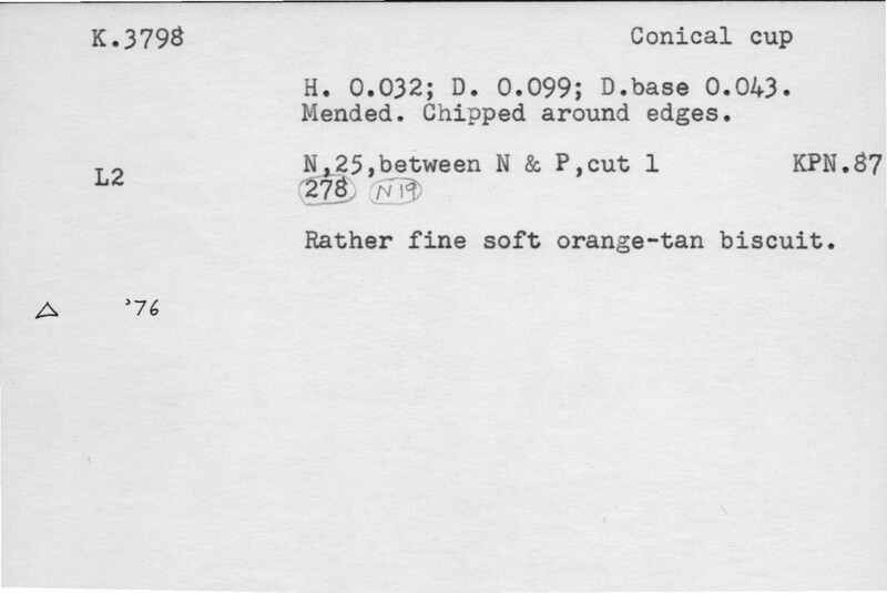 Index card with typed and handwritten information, sometimes including a sketch, of pottery from an excavation.