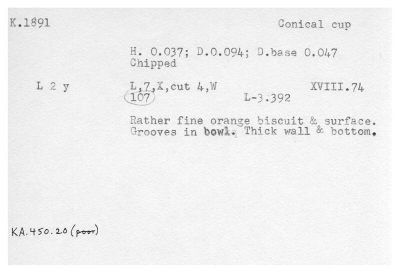 Index card with typed and handwritten information, sometimes including a sketch, of pottery from an excavation.