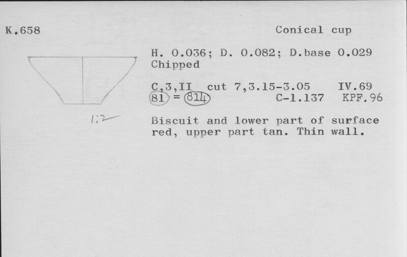 Index card with typed and handwritten information, sometimes including a sketch, of pottery from an excavation.