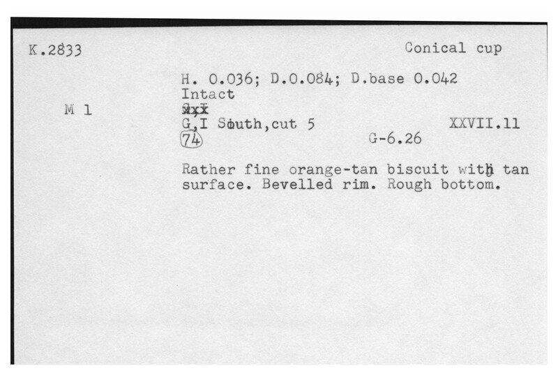 Index card with typed and handwritten information, sometimes including a sketch, of pottery from an excavation.