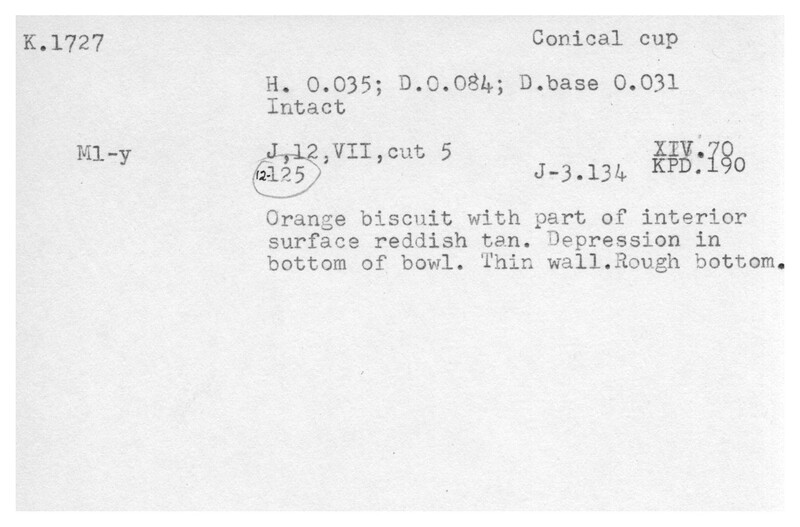 Index card with typed and handwritten information, sometimes including a sketch, of pottery from an excavation.