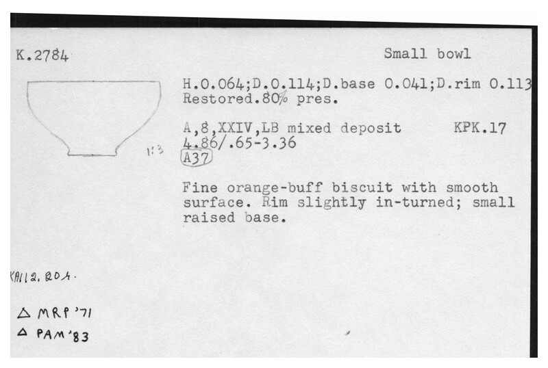 Index card with typed and handwritten information, sometimes including a sketch, of pottery from an excavation.