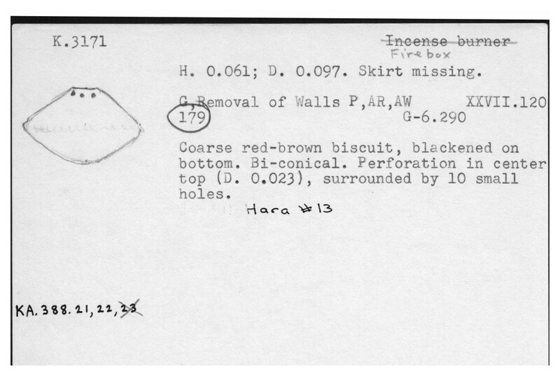 Index card with typed and handwritten information, sometimes including a sketch, of pottery from an excavation.