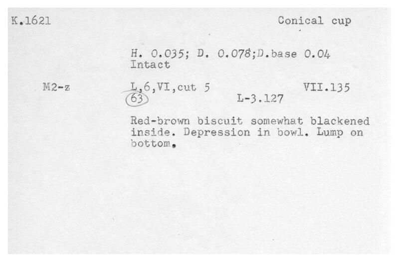 Index card with typed and handwritten information, sometimes including a sketch, of pottery from an excavation.