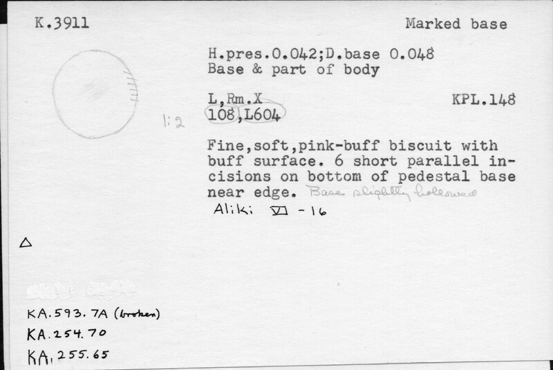 Index card with typed and handwritten information, sometimes including a sketch, of pottery from an excavation.