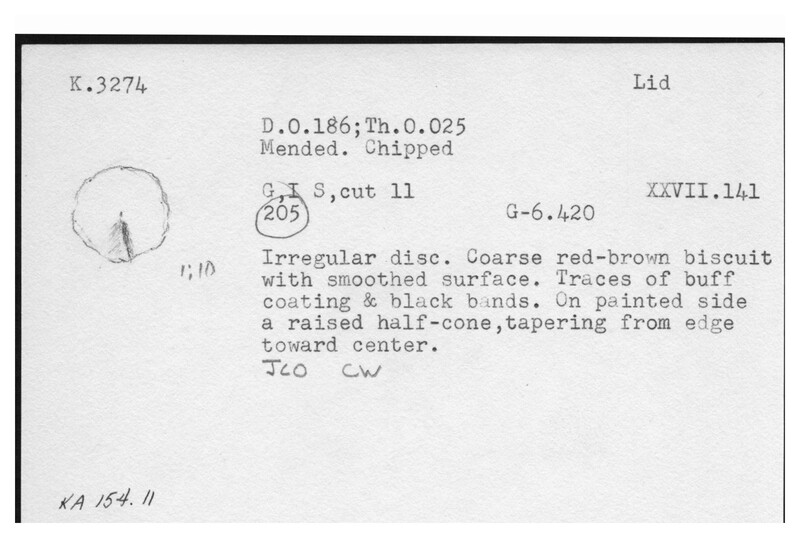 Index card with typed and handwritten information, sometimes including a sketch, of pottery from an excavation.