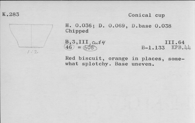 Index card with typed and handwritten information, sometimes including a sketch, of pottery from an excavation.