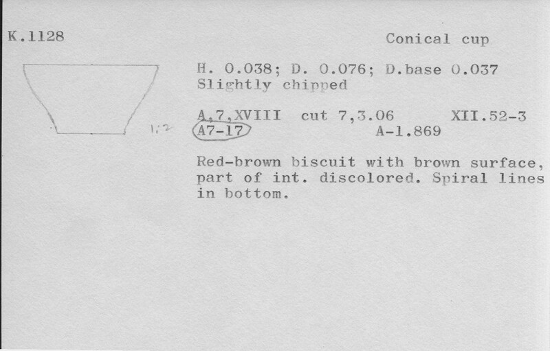 Index card with typed and handwritten information, sometimes including a sketch, of pottery from an excavation.
