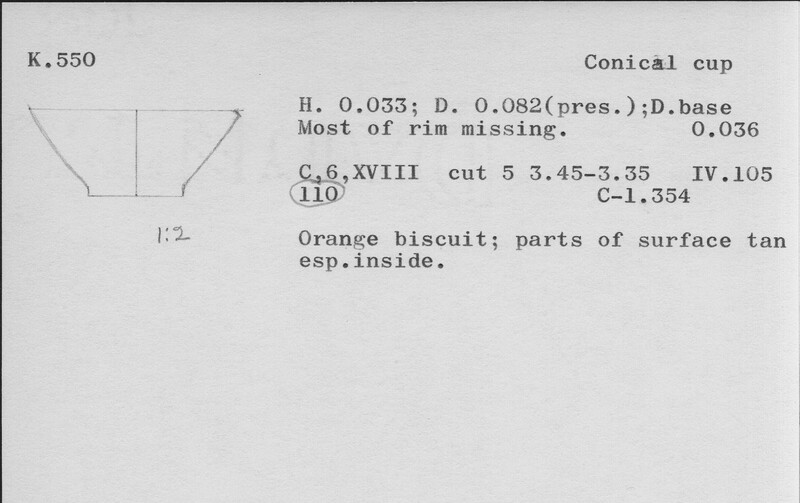 Index card with typed and handwritten information, sometimes including a sketch, of pottery from an excavation.