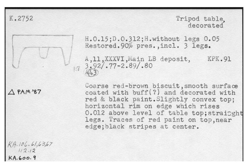 Index card with typed and handwritten information, sometimes including a sketch, of pottery from an excavation.