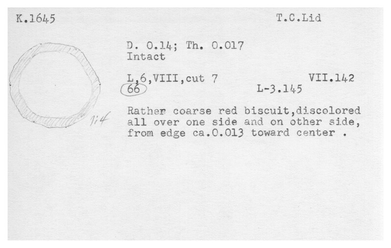 Index card with typed and handwritten information, sometimes including a sketch, of pottery from an excavation.