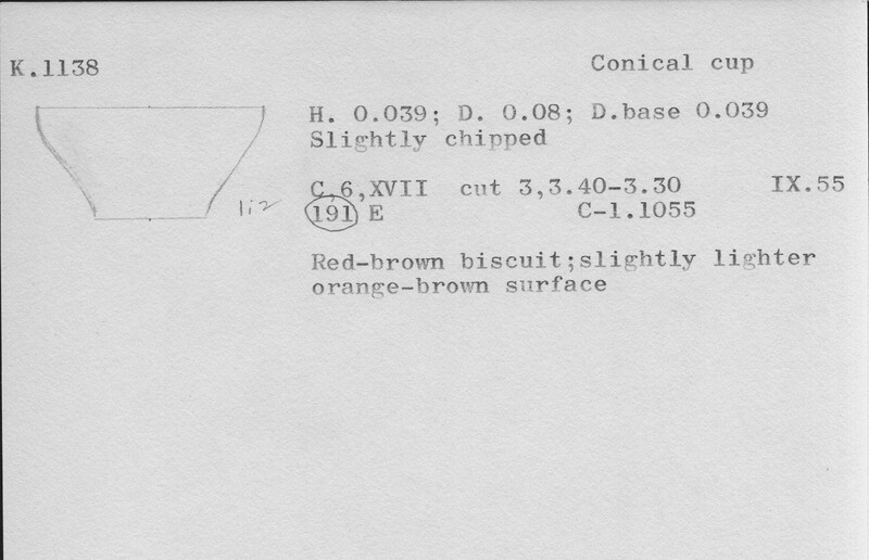 Index card with typed and handwritten information, sometimes including a sketch, of pottery from an excavation.