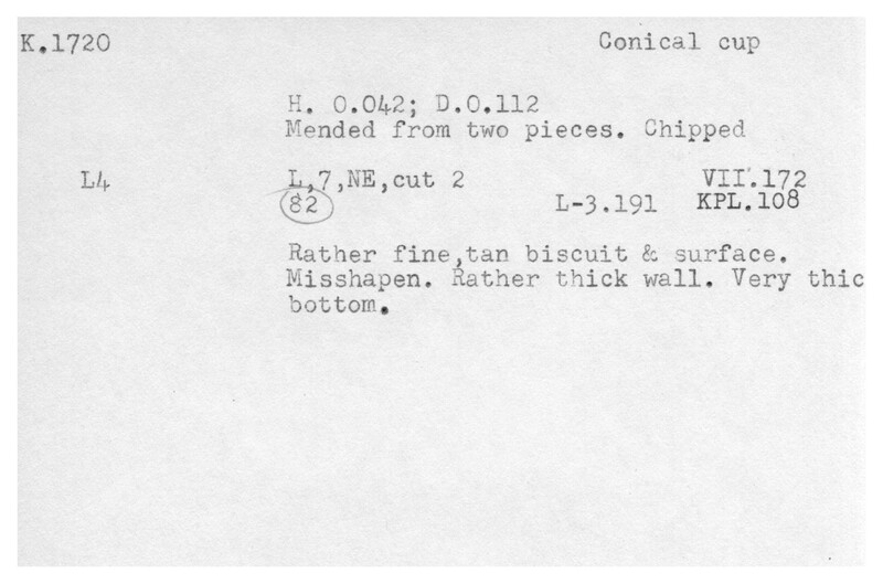 Index card with typed and handwritten information, sometimes including a sketch, of pottery from an excavation.