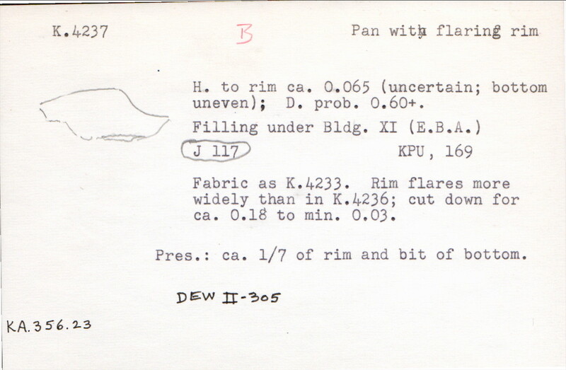 Index card with typed and handwritten information, sometimes including a sketch, of pottery from an excavation.