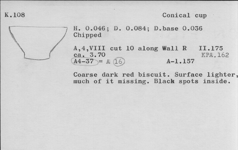 Index card with typed and handwritten information, sometimes including a sketch, of pottery from an excavation.