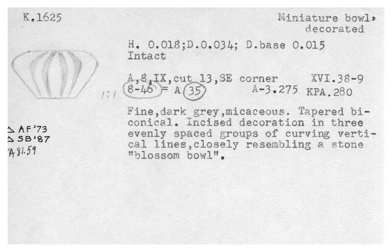 Index card with typed and handwritten information, sometimes including a sketch, of pottery from an excavation.