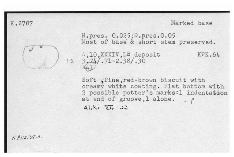 Index card with typed and handwritten information, sometimes including a sketch, of pottery from an excavation.