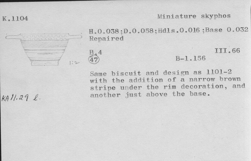 Index card with typed and handwritten information, sometimes including a sketch, of pottery from an excavation.