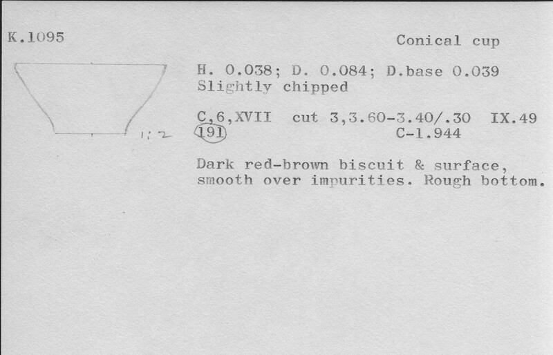 Index card with typed and handwritten information, sometimes including a sketch, of pottery from an excavation.