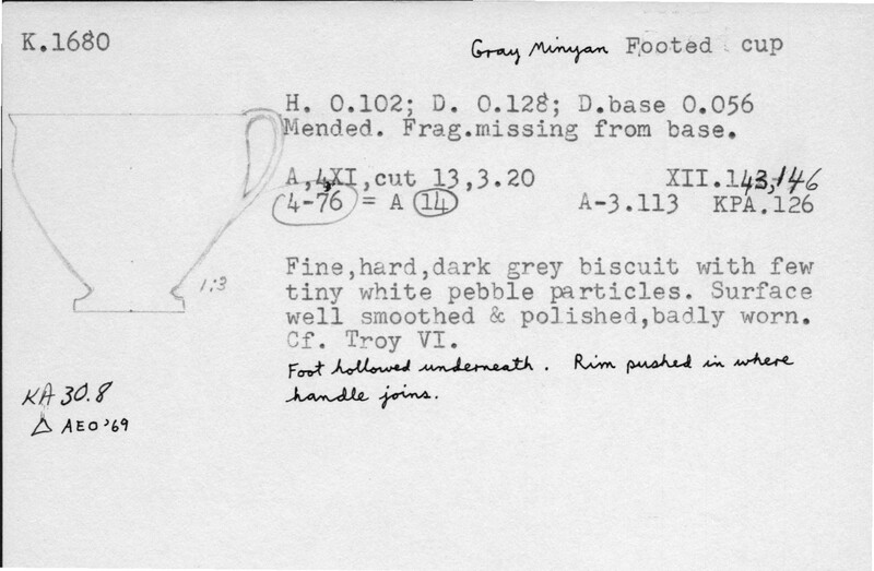 Index card with typed and handwritten information, sometimes including a sketch, of pottery from an excavation.