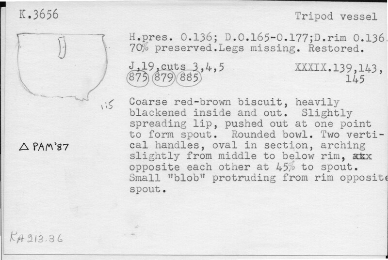 Index card with typed and handwritten information, sometimes including a sketch, of pottery from an excavation.