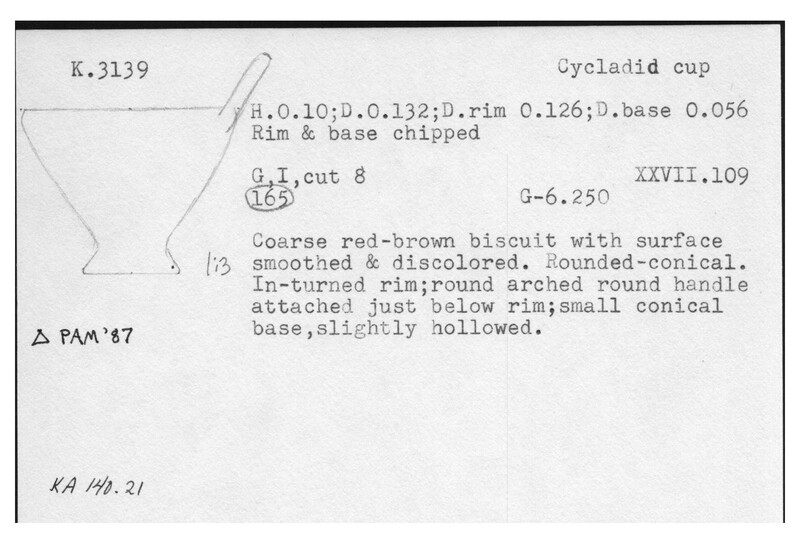 Index card with typed and handwritten information, sometimes including a sketch, of pottery from an excavation.