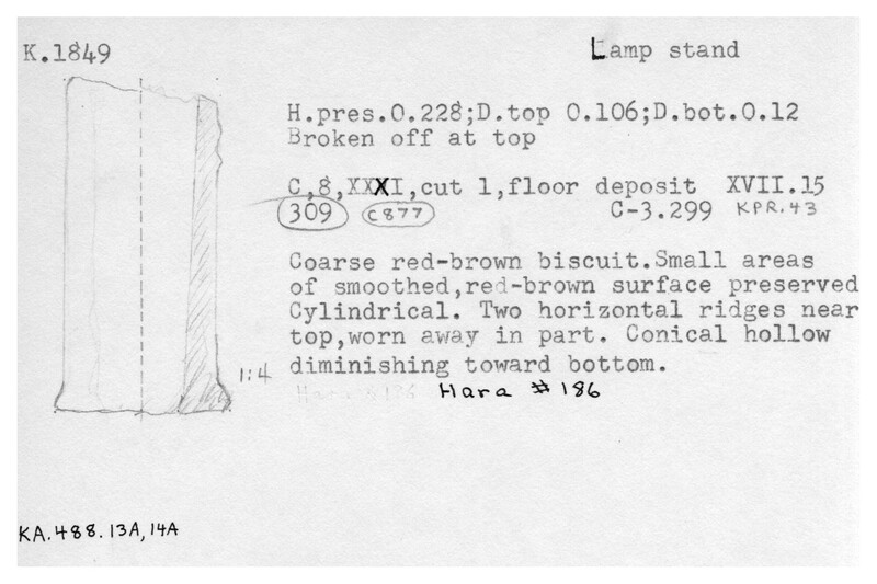 Index card with typed and handwritten information, sometimes including a sketch, of pottery from an excavation.