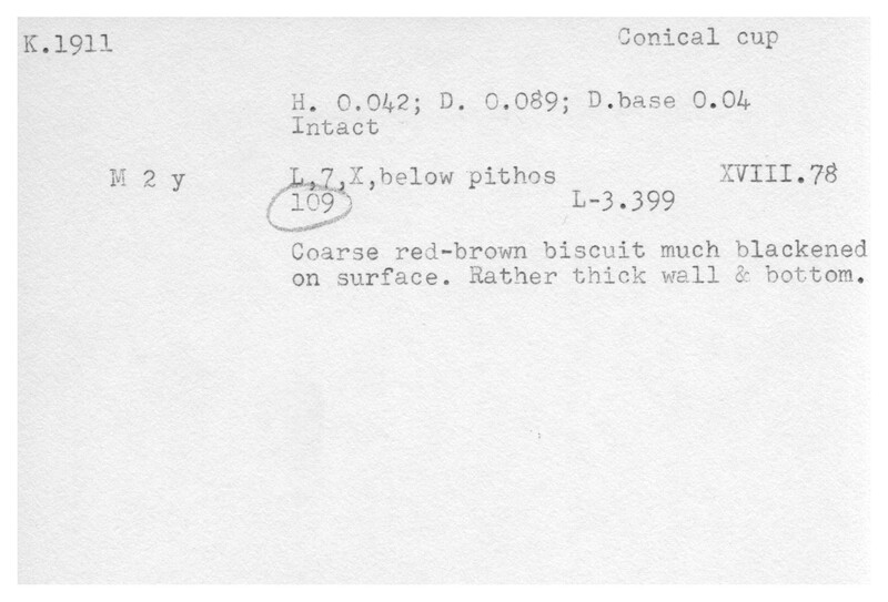 Index card with typed and handwritten information, sometimes including a sketch, of pottery from an excavation.