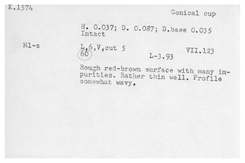 Index card with typed and handwritten information, sometimes including a sketch, of pottery from an excavation.