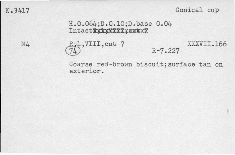 Index card with typed and handwritten information, sometimes including a sketch, of pottery from an excavation.
