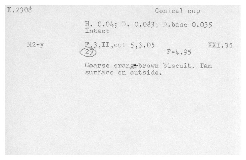 Index card with typed and handwritten information, sometimes including a sketch, of pottery from an excavation.