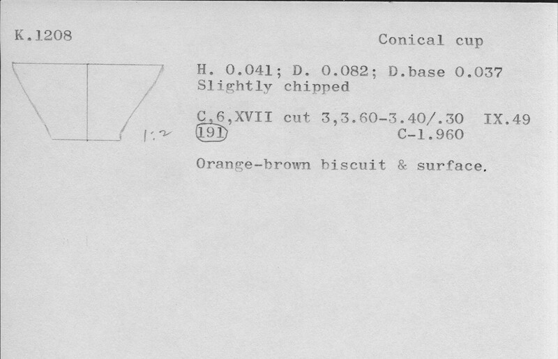 Index card with typed and handwritten information, sometimes including a sketch, of pottery from an excavation.