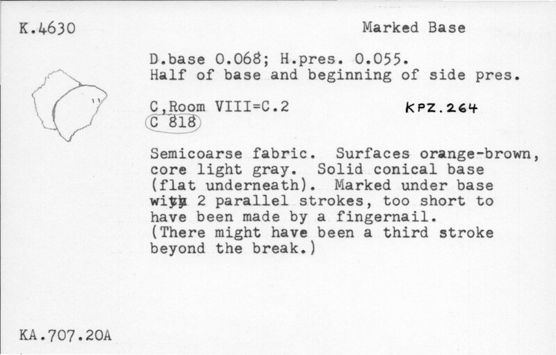Index card with typed and handwritten information, sometimes including a sketch, of pottery from an excavation.