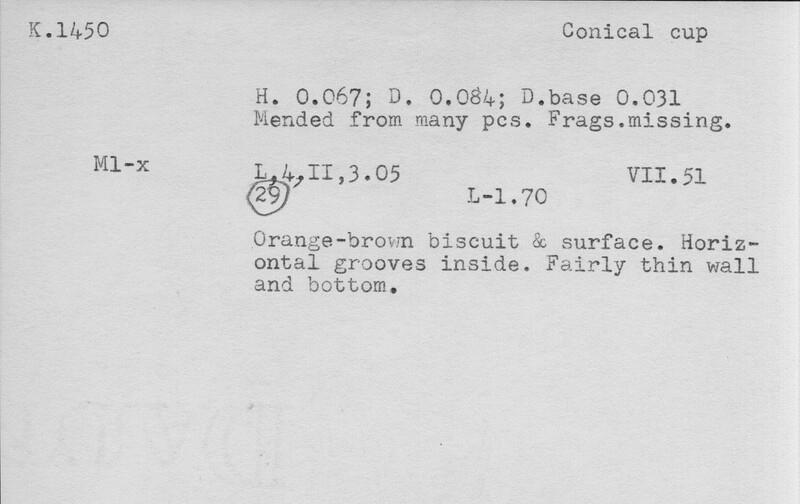 Index card with typed and handwritten information, sometimes including a sketch, of pottery from an excavation.