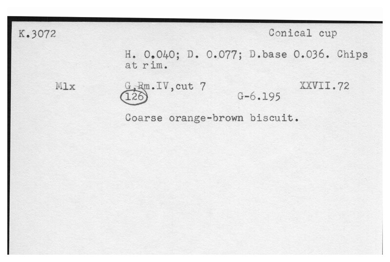 Index card with typed and handwritten information, sometimes including a sketch, of pottery from an excavation.