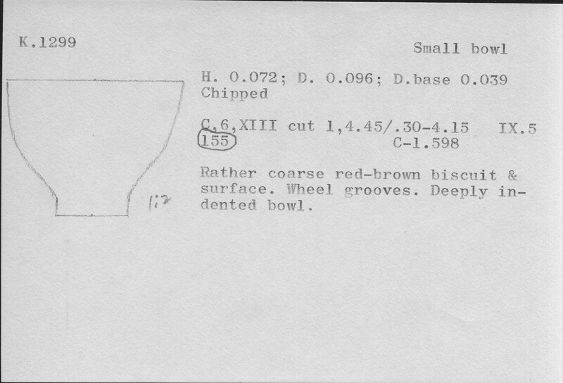 Index card with typed and handwritten information, sometimes including a sketch, of pottery from an excavation.