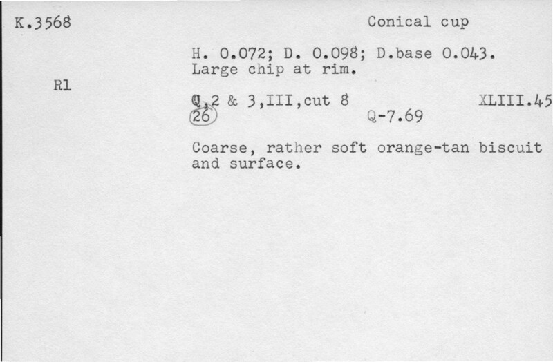 Index card with typed and handwritten information, sometimes including a sketch, of pottery from an excavation.