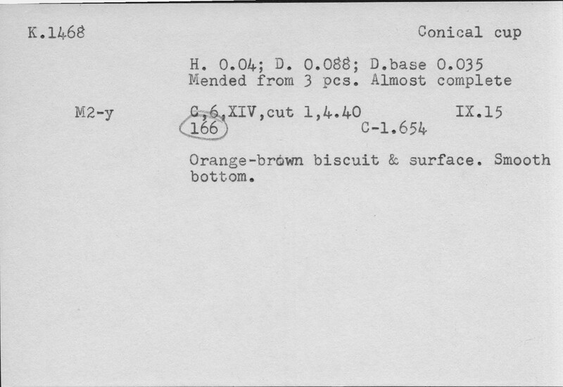 Index card with typed and handwritten information, sometimes including a sketch, of pottery from an excavation.
