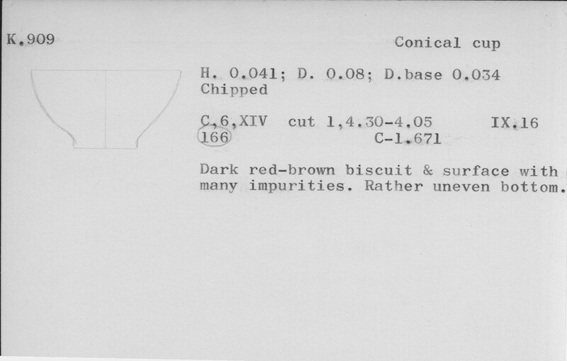 Index card with typed and handwritten information, sometimes including a sketch, of pottery from an excavation.