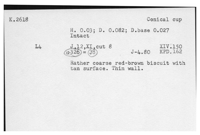 Index card with typed and handwritten information, sometimes including a sketch, of pottery from an excavation.