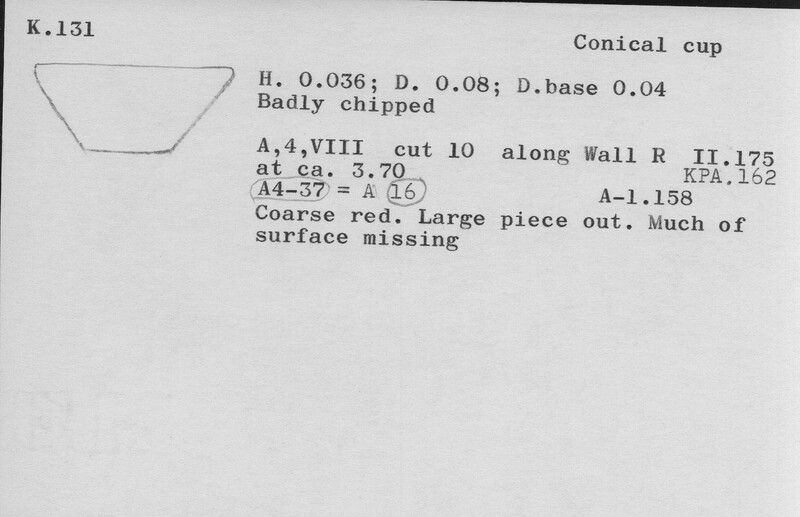Index card with typed and handwritten information, sometimes including a sketch, of pottery from an excavation.