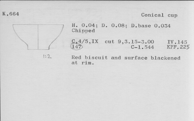 Index card with typed and handwritten information, sometimes including a sketch, of pottery from an excavation.
